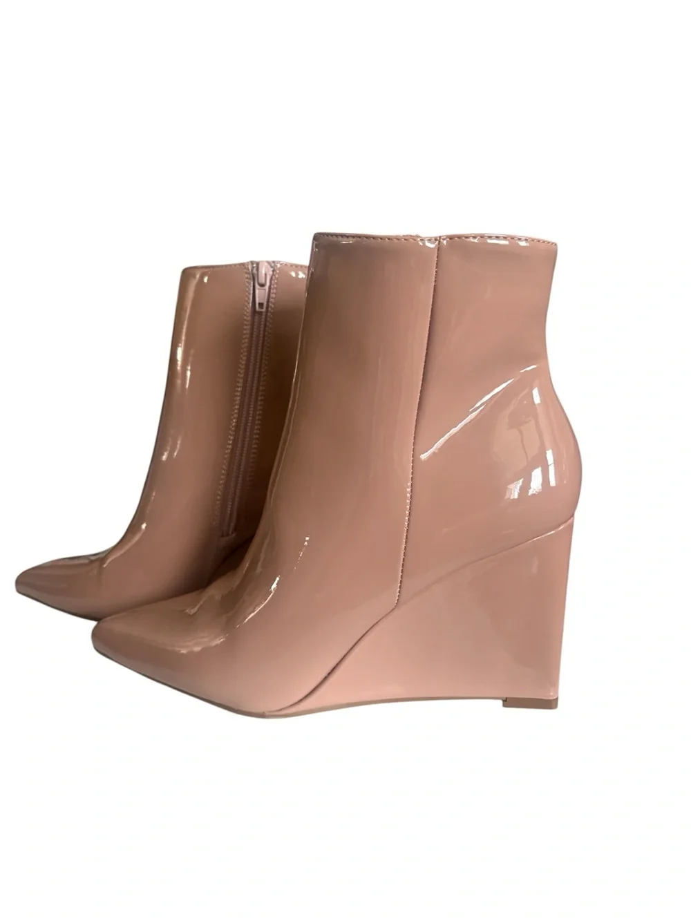 Nude Patent Leather Wedge Ankle Booties